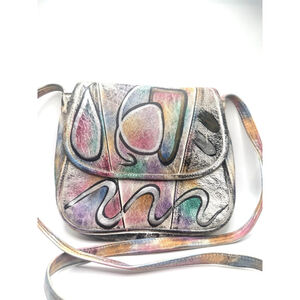 Vintage Botary Crossbody Bag Abstract Hand Painted Leather Multicolor